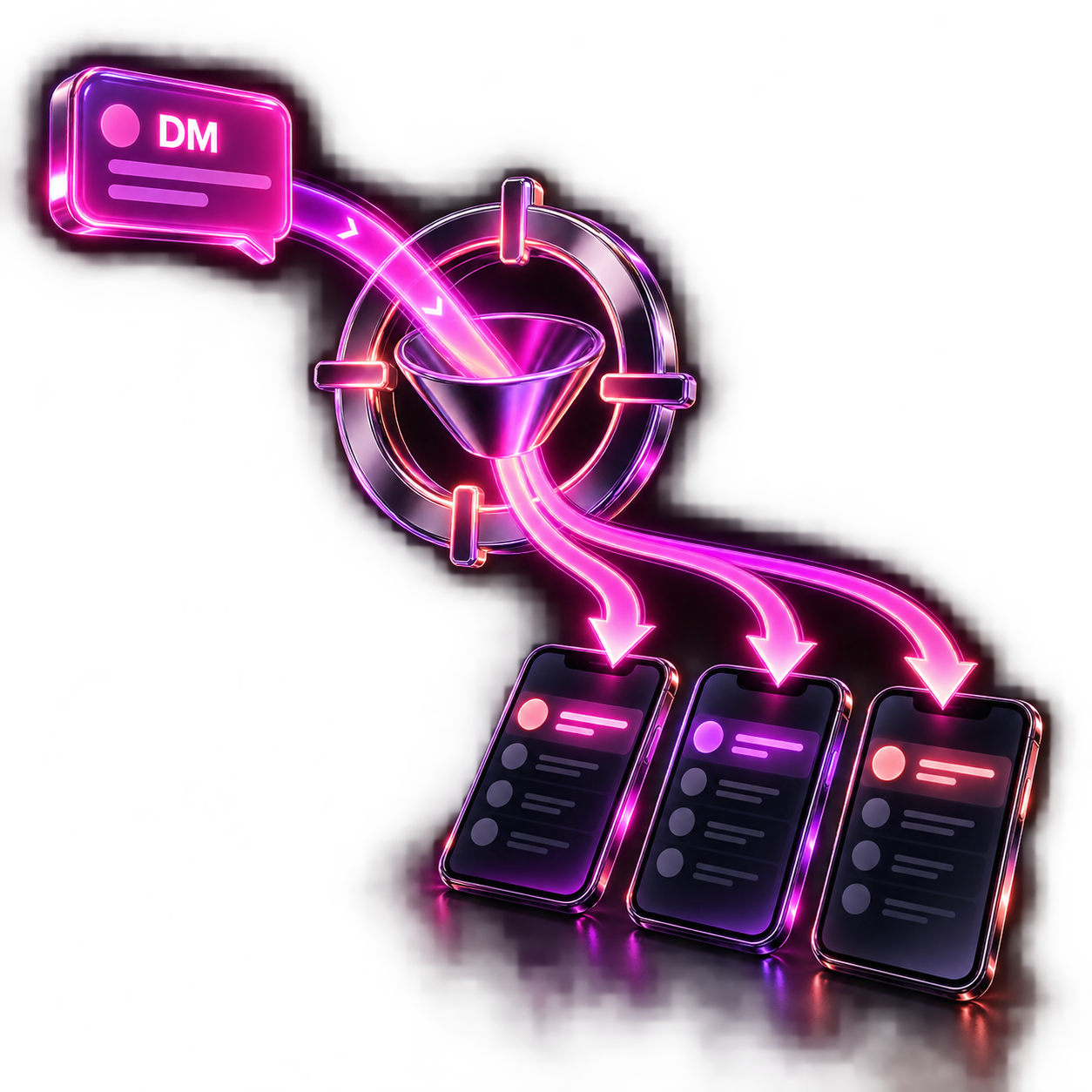 A direct message passing through a precision targeting funnel and reaching three audience inboxes
